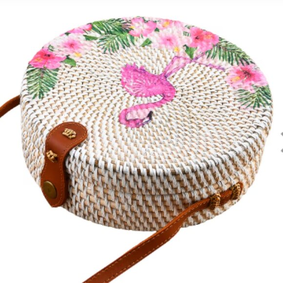 Handmade White Round Shape Rattan Crossbody Bag with Flamingo Printed Motif - Picture 3 of 5